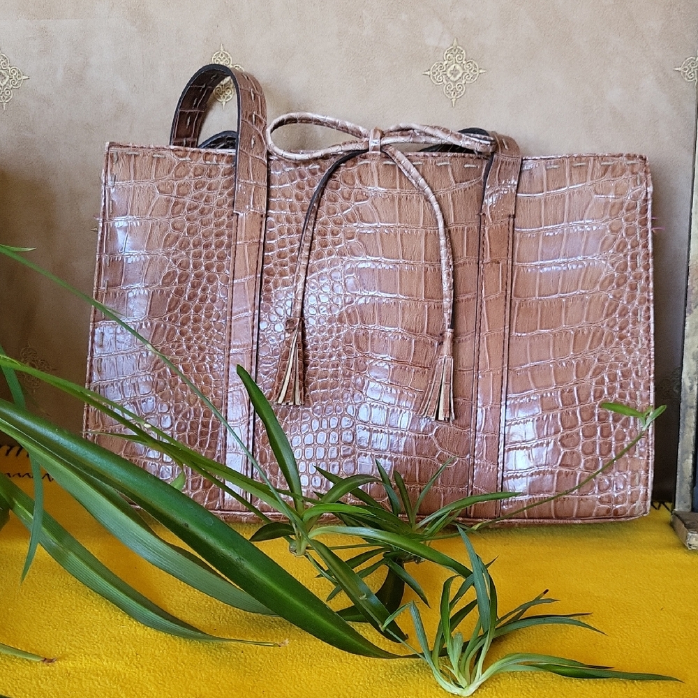 Liz Claiborne Tan Tote Bag with Crocodile Texture